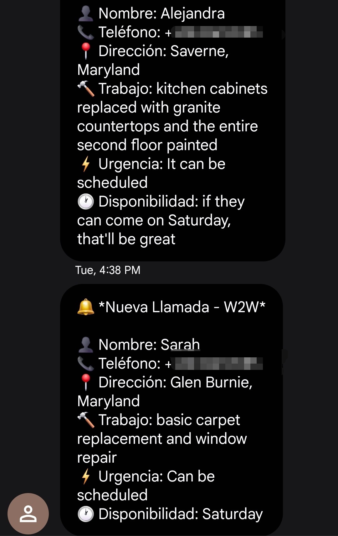 Notificación de Maya: dos llamadas con nombre, dirección, trabajo, urgencia y disponibilidad. Datos privados ocultos.